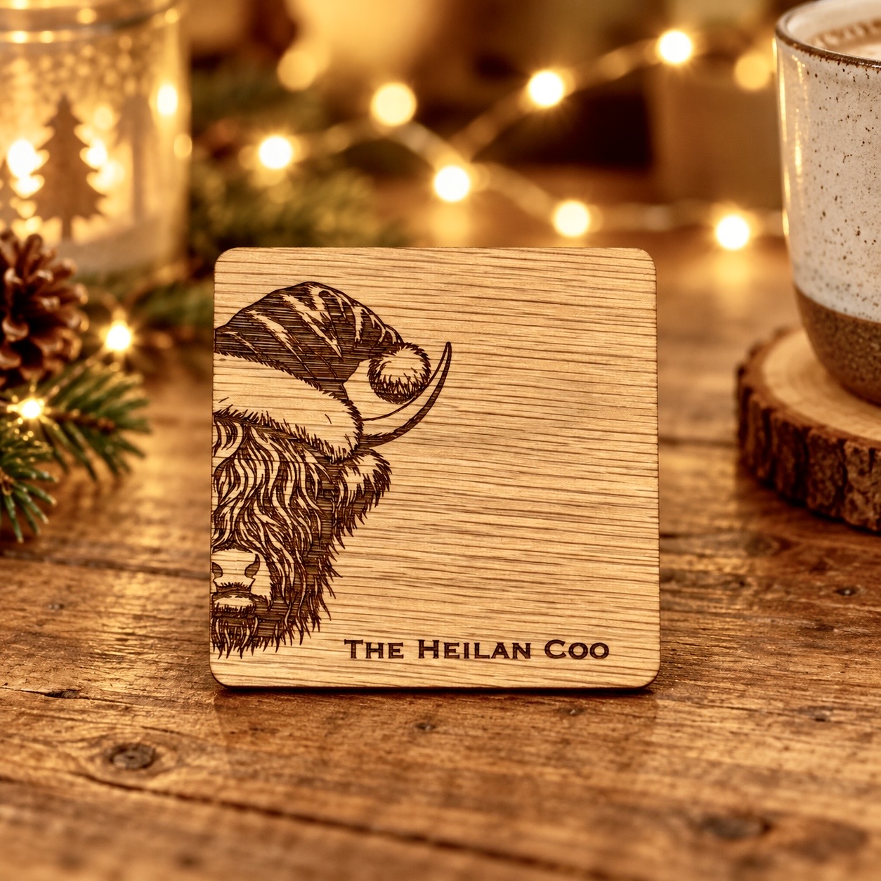 Christmas Highland Cow Wooden Coasters (4 Pack)